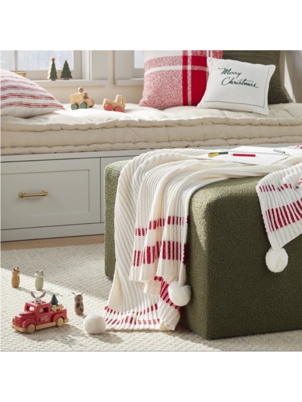 NWT Hearth & Hand Cream Knit Throw with Red Stripe Pom-Poms